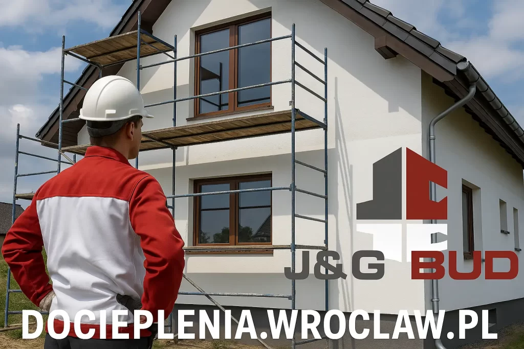Pracownik J&G BUD ogląda elewację domu z rusztowaniem podczas prac dociepleniowych.